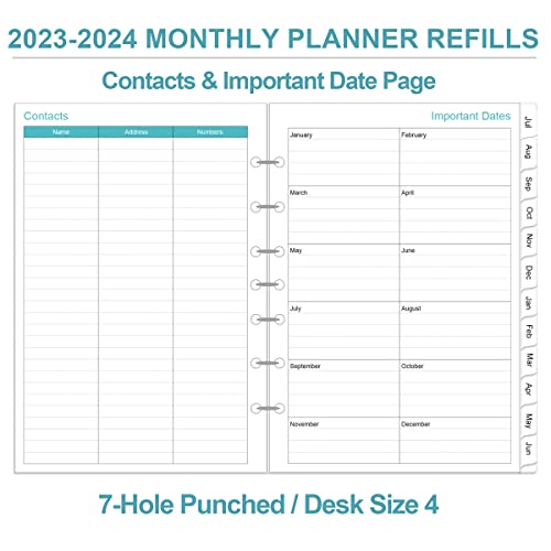 2023-2024 Monthly Planner Refill, 18 Months Planner Runs From July 2023 To December 2024, Two Pages Per Month, 7-Hole Refill Planner With Tabs, Desk Size 4, 5.8" X 8.3" #TOP4