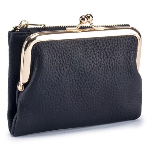 Women's Small Wallet for Women Retro Leather Credit Card Case Biford Change Wallet with Card Slots and Zipper Pocket, Pebble Leather-black, One Size