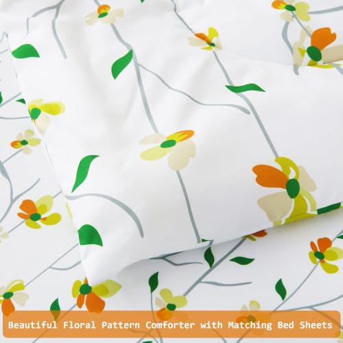Image of lasoftan Floral Queen Comforter Set with Sheets, 7 piece Luxury Vintage Bedding, Soft Microfiber Bed in a Bag, Cozy Lightweight Bed Set, Yellow Flower