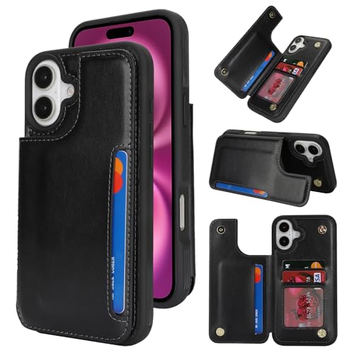 Étui portefeuille iPhone 16 Plus anti-piratage RFID en cuir synthétique noir