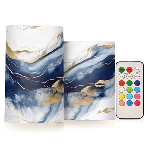 Image of Flickering Flameless Candles, Drak Blue Golden Marble LED Candles with Remote Timer, Set of 2 Battery Operated Candle for Valentine Wedding Birthday