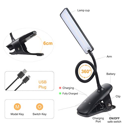 Image of LED Reading Light with Clip USB Rechargeable Book Lights, 24 LEDs Flexible Neck Night Bed Lamp, Touch Control Portable Clamp Desk Lamps for Bed Headboard, Computers -Black