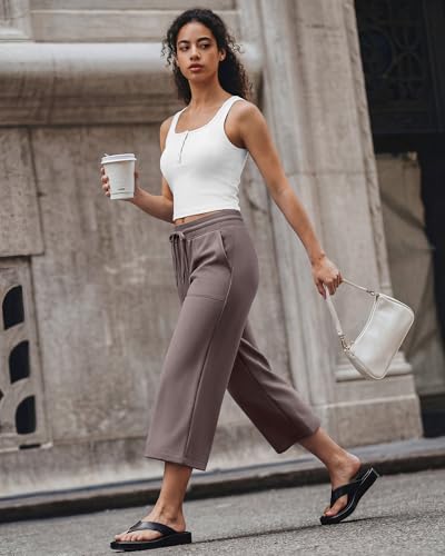 G4Free Wide Leg Pants for Women Drawstring High Waist Capri Pants Wide Leg Sweatpants Stretchy Workout Dressy Cropped Pants(Taupe,M,Regular) — view 2