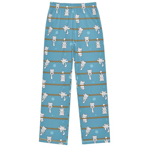 Boy's Lounge Pants White Kitten Hang Orange Rope Kids Jogger Pants Elastic Waist Long Bottoms with Pockets 6-14 Y