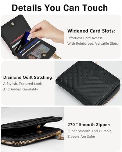 Image of Small Bifold Wallets Woman RFID Mini Wallet for Women Slim Card Holder with Zipper Coin Pocket & 2 ID Windows (Black)