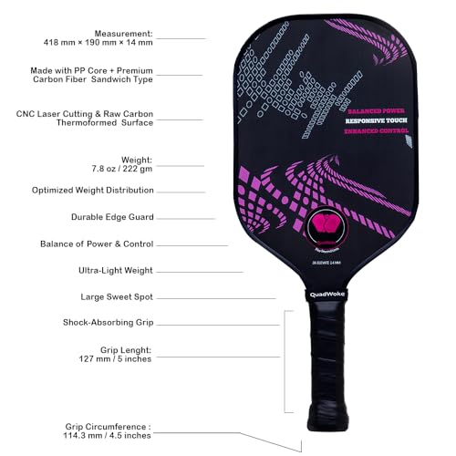 Image of RAW Carbon Fibre | Thermoformed Pickleball Paddle | Carbon Friction Surface | Comfort Grip Handle Racket | Pickle Ball Racket | Pink
