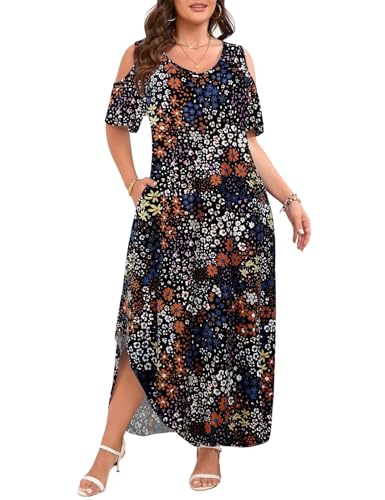 Image of JollieLovin Womens Plus Size Casual Summer Maxi Long Dress Cold Shoulder V Neck Beach Sundresses