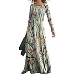 Akivide Womens Ethnic Print Long Sleeve Maxi Dress Ethnic Floral Print Crewneck Loose Casual Empire