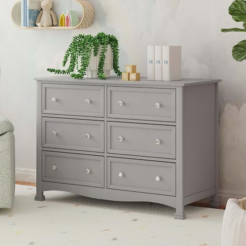 Image of Davinci Kalani 6-Drawer Baby Dresser for Nursery - Wooden Double Chest of Drawers for Kids, Boys and Girls - Multi-Purpose Storage Dresser for Bedroom, Living Room & Hallway - Easy to Assemble - Grey
