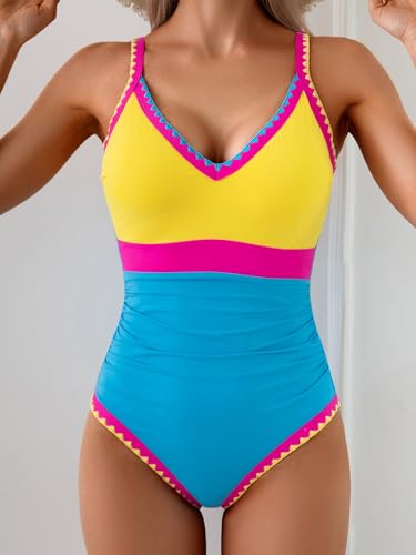 One Piece Swimsuit for Women Tummy Control Color Block Bathing Suit V Neck Shell Stitched Tie Back Swimwear2