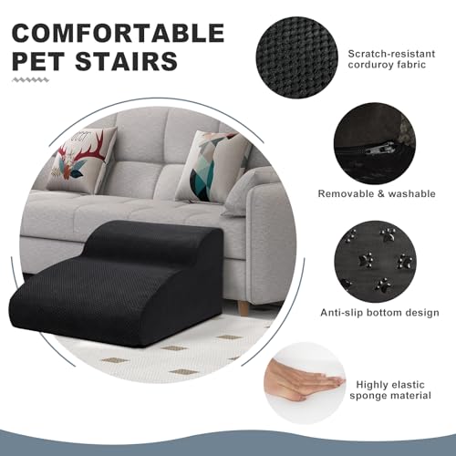 Mozvvco Hundetreppe für Kleine Hunde, 2 Stufen Haustiertreppe für Bett und Sofa aus Hochdichtem Schwamm, Hunde Treppen mit Abnehmbarer Bezug, Waschbar Haustierleiter, Senden Fusselrolle, Schwarz