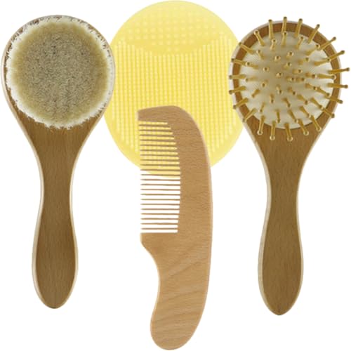 Homoyoyo 4pc Set Baby Hair Brush and Comb Newborn to Toddler Natural Wool Silicone Bath Shower Present