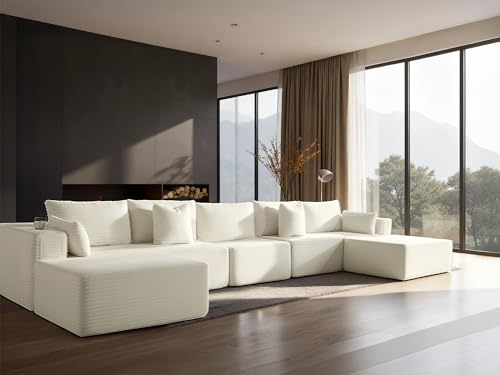 Image of 168 inch Cloud Sectional Couch, Comfort U Shaped Sofa for Living Room, Extra Deep Seats No Assembly, Minimalist Modular Couch, Corduroy (Cream, 7 Seats,U-Shape A)