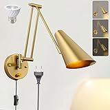 Vintage Dimmbar Wandlampe mit Schalter und Stecker, Industrial Verstellbar Wandleuchte Gold Messing finish, Langer Arm Wand-Leselampen mit 1,8 m Kabel, E27 Fassung Innen Schwenkbar Nachttischlampe