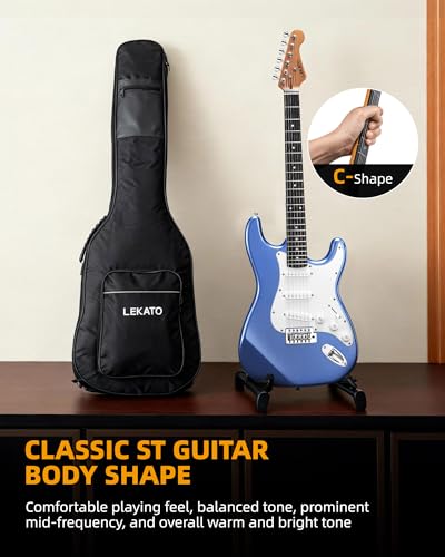Image of LEKATO Beginner Electric Guitar Kit 39 Inch Full Size Solid Body Guitar SSS for Starter Roasted Maple Neck Stainless Steel Frets, 5w Plug-in Amp, Bag, Tuner, Capo, Strap, Picks, String, Cable - Blue