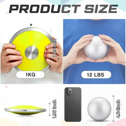 Silipull 2 Pcs Iron Shot Put Ball and Throwing Discus Set 1 kg Training Discus 12 lb Shot Put Track and Field Training Equipment for Boys Girls Beginners School Throwers Outdoor Practice(Yellow)