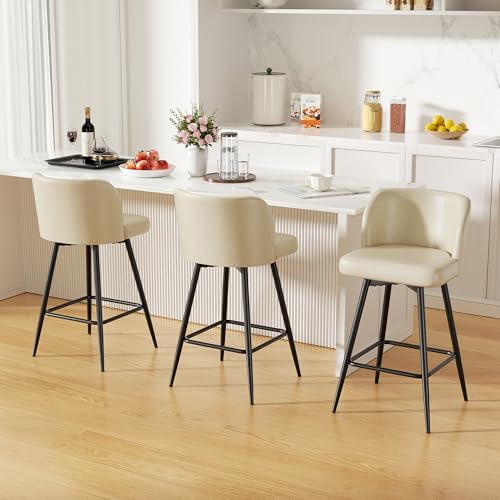 Image of Swivel Bar Stools Set of 3, 26in Counter Height Bar Stools with High Back and Metal Legs, Faux Leather Bar Chairs, Modern Barstools for Kitchen Island, Beige