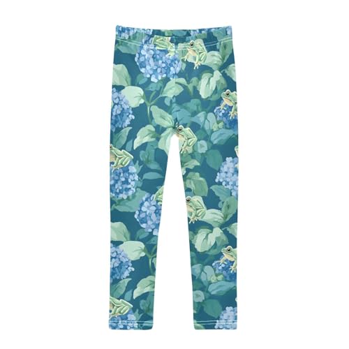 Green Frog Blue Hydrangea Girls Leggings Soft Stretch Workout Yoga Dance Pants for Kids Casual Tights