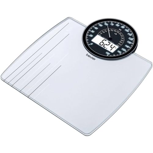 Beurer, GS 58 Glaswaage Personenwaage mit rundem Cockpit-Display mit analoger, digitaler Anzeige und Erinnerungsfunktion für vergleichbare Wiegeergebnisse