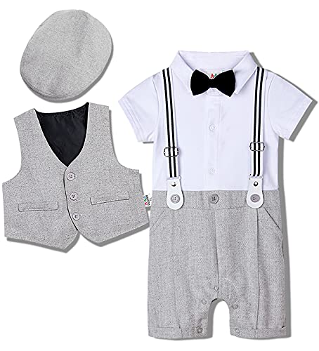 Image of A&J DESIGN 4pcs Baby Boys Suit, Gentleman Outfits 3 Months - 18 Months, Romper & Vest & Berets Hat & Bow Tie