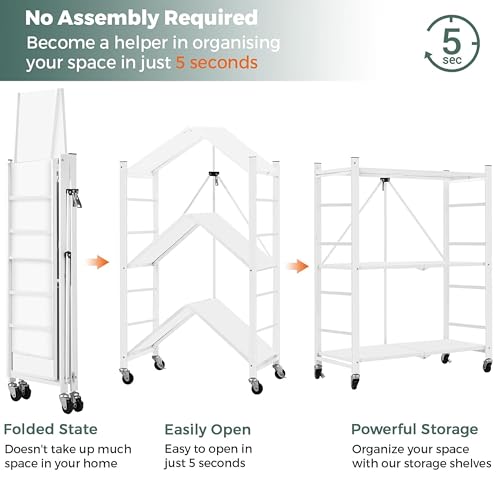 Image of ABOUT SPACE 3 Tier Pre - Assembled Multipurpose Foldable Kitchen Storage Rack with Wheels | Metal Shelf Rack for Storage Upto 90kg| L 75 x B 36 x H 85 cm Steel Rack for Home, Office, Garage - White