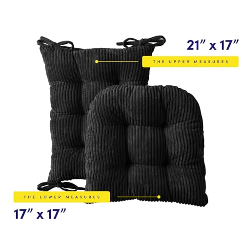 Rocking Chair Cushion Premium Tufted Pads Non Skid Slip Backed Crushed Velvet Cover Set of Upper and Lower with Ties, 21 in x 17 in | 17 in x 17 in, Velvet Black