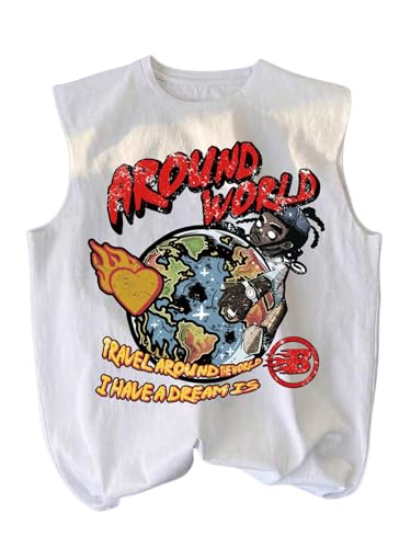 Floerns Mens Graphic Sleeveless Tank Top Street Crew Neck Y2k T Shirts White Large