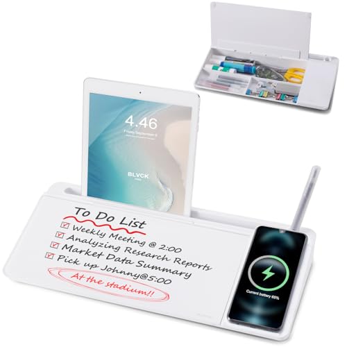 Image of Small Glass Desktop Whiteboard Dry-Erase-Board - Computer Keyboard Stand with Wireless Charger White Board Surface Pad with Drawer, Desk Organizers with Accessories for Office, Home, School Supplies
