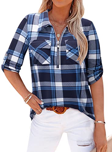 Bulotus Womens Business Casual Outfits For Work, Dressy Plaid Shirts For Women 3/4 Sleeve Tunic Tops Loose Fit Ladies Spring Tops And Blouses Fashion 2023 Collared Tunic Blouse, Blue Plaid, L #TOP21