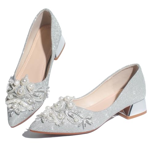 Women's Rhinestone Fashion Pointed Toe Pearl Diamond Low Heel Dress Wedding Work Business Dance Pumps 2Silver Size 7