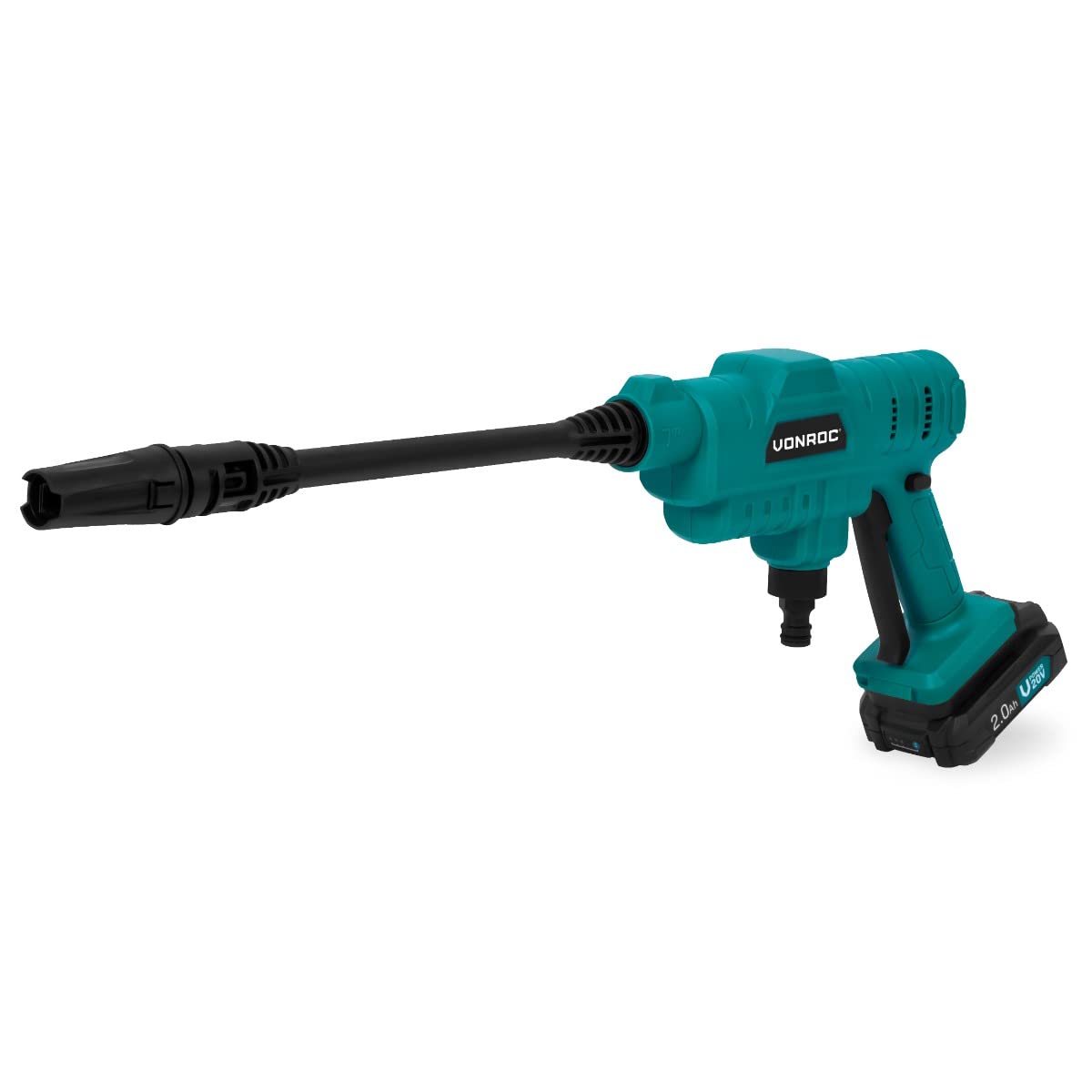 VONROC Hidrolimpiadora compacta sin Cable 20V - 24bar - 198 l/h – Incl. Manguera de aspiración de 5m, Botella de detergente y Boquilla pulverizadora Ajustable – con batería de 2.0Ah y Cargador rápido
