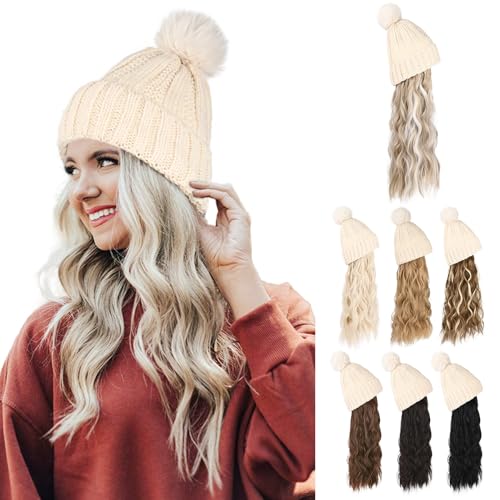Flufymooz FLmaozi Beanie Wig, Hat Hair Extension Long Wavy White Hat Wig with Faux Fur Pom Hat, wig hat Attached 20 Inch Synthetic Hairpiece for Women Girls Winter (Light Blonde with White Blonde)