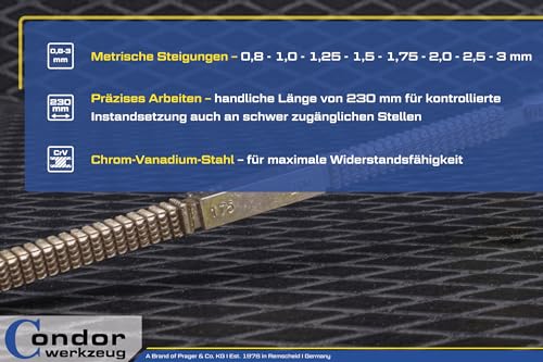 Condor Werkzeug 4830 | Gewindefeile | 230 mm | Innen und Außengewinde | Metrisch | 0,8-3,0 mm | Chrom-Vanadium-Stahl