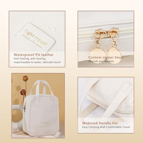 Small Makeup Bag Elegant Portable Premium Cosmetic Bag with Handle for Woman, Large Capacity PU Leather Travel Makeup Bag for Purse Waterproof Storage Toiletry Bag (White)4