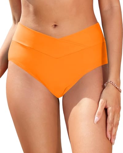 Image of Women V Cut Full Coverage Bikini Bottom - High Waist Swim Bathing Suit Bottoms Cross V Front Swimsuit