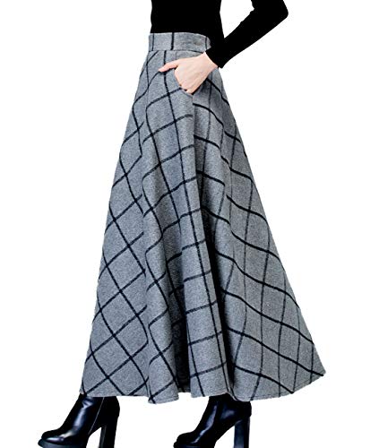Femiserah Women's Vintage Plaid Wool Maxi Skirt Long Skirt Winter Skirt (Waist: 60cm-65cm, Length: 85cm, Grey Plaid)