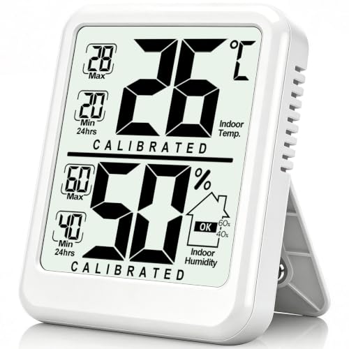 Antonki Termómetro de habitación, higrómetro digital pequeño para interiores, medidor de humedad, medidor de temperatura y humedad con sensor de registro máximo/mínimo para el hogar, plantas, batería