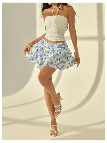 MakeMeChic Women's Summer Floral Ruffle A Line Skirt Tiered Layer Ruched Boho Mini Skirts4