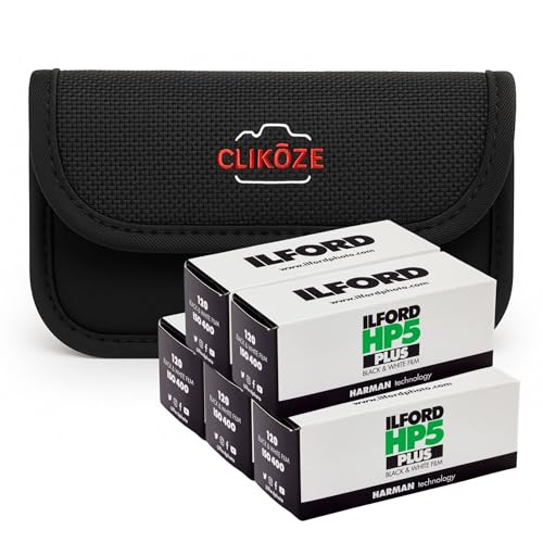 Paquete de películas para cámara con película Ilford HP5 120 en blanco y negro ISO 400 x5 y estuche de almacenamiento Clikoze