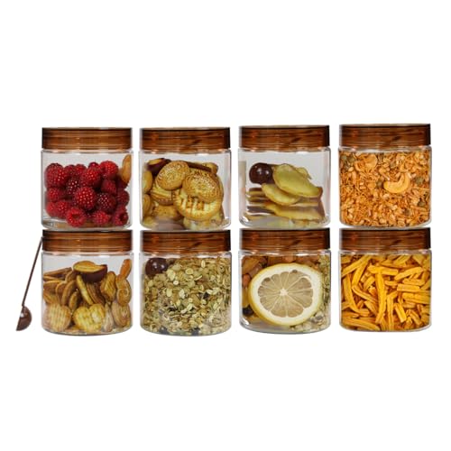 Image of PEARLPET Plastic Containers for Kitchen Storage | Plastic Container Set with Spoon | BPA-Free, Stackable Jars | Brown, 750ml (Set of 8)