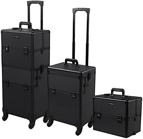 mefeir 2-In-1 Rolling Makeup Train Case Lift Handle,4 Removable Wheels+W/Extra Bottom Lid+Shoulder Strap+Mirror,Lockable Travel Cosmetic Trolley Cart Artist Beauty Salon Organizer