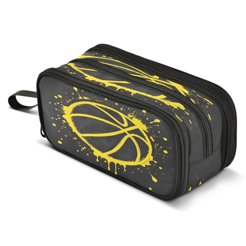 Image of ALAZA Basketball Splash Black Pencil Case for Boys Girls Kids Pencil Pouch 3 Compartment Pen Bag Large Capacity Storage Pencil Holder School Students with Zipper