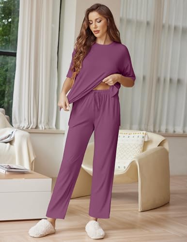 Image of Ekouaer Lounge Sets for Women Short Sleeve Tops and Long Pants Soft Comfy Pajamas Set 2 Piece Outfits