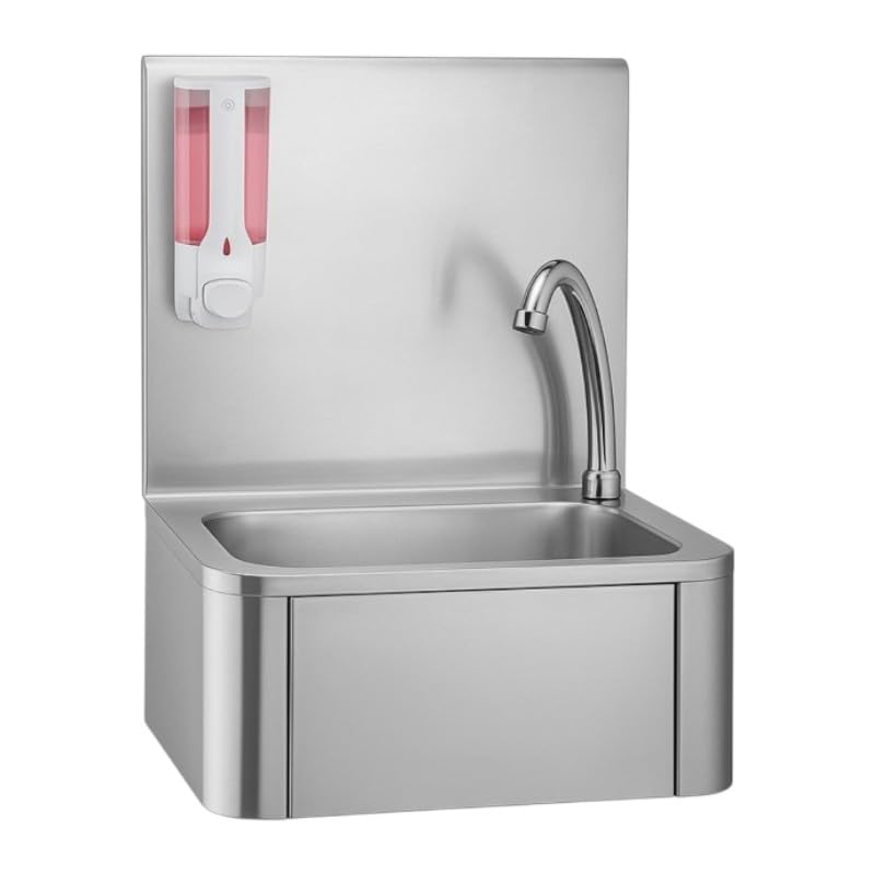 Lave-Mains Professionnel en Acier Inoxydable – Mitigeur à Commande Fémorale – Distributeur de Savon Inclus – Hygiène Sans Contact – Montage Mural