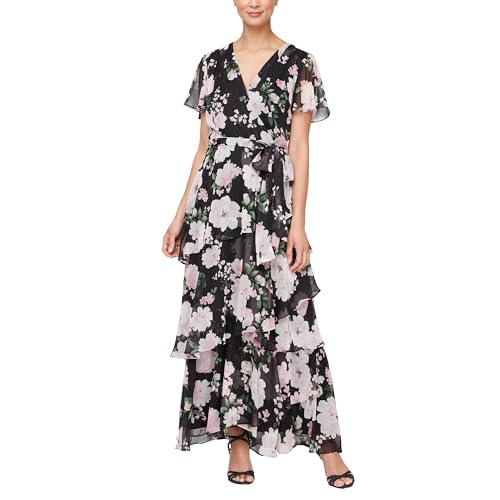 Image of S.L. Fashions Women's Short Sleeve Tiered Skirt Long Maxi Dress with Surplice Neckline, Wedding (Petite and Regular Sizes)