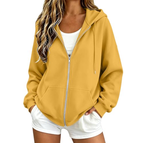Image of Jackets for Women Uk Fleece Full Zip Lightweight Hoodies with Pockets Drawstring Long Sleeve Hooded Sweatshirts Gym Workout Oversized Hoodie Cardigan Casual Fall Winter Clothes S-4XL Yellow