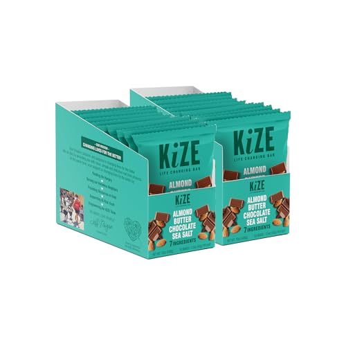 KiZE Energy Bars - Gluten Free, Dairy Free, Non-GMO, & High Protein Meal Replacement Energy Bars, Clean Food Ingredients - (VEGAN) Almond Butter Chocolate Sea Salt, 8g High Protein Snacks, (20 Count)
