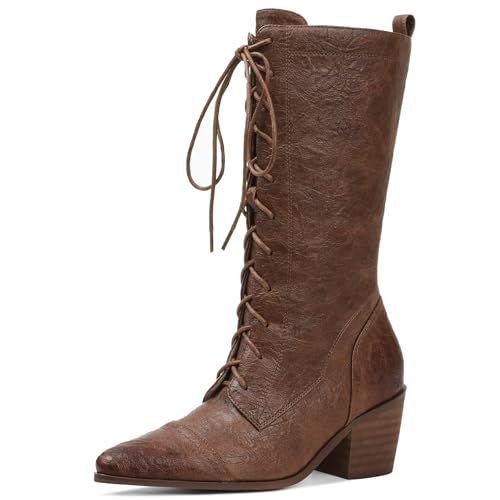 SaraIris Women's Black Mid Calf Boots Lace Up Chunky Heel Vintage Combat Heeled Dress Casual Boots3