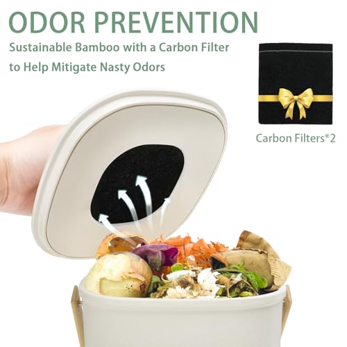 Image of Vipush Compost Bin Kitchen Countertop Compost Bin with lid - Small Compost Bin Made of Sustainable Bamboo Fiber Includes Charcoal Filter, Beige