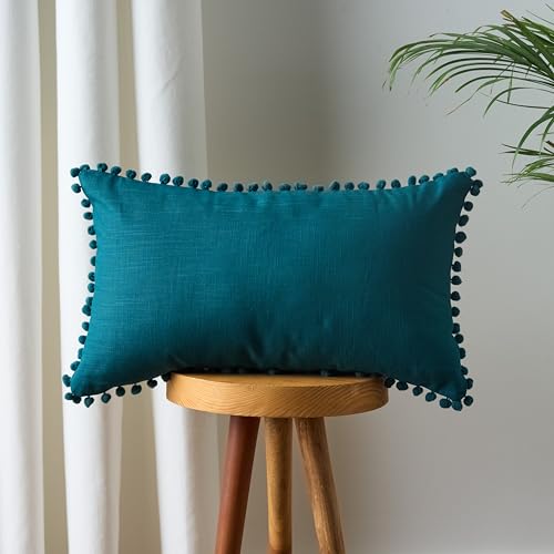 Image of 100% Cotton Pom Pom Cushion with Filler, Elegant & Modern Cushion Cover for Living Room, Rectangle, 12 inchx20 inch, uni slub, Set of 4 - Teal Green